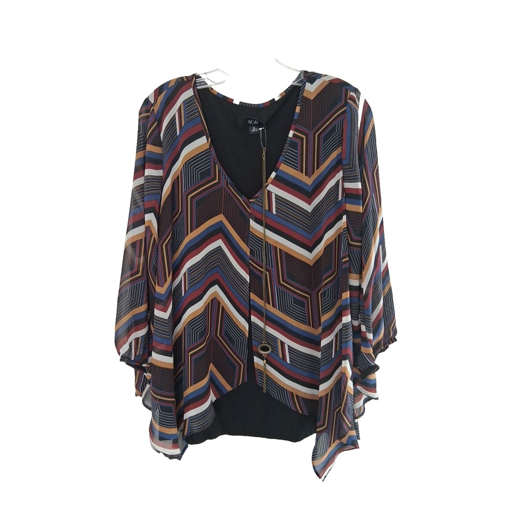 AGB Lagenlook Geometric Print Layered Blouse Size XL With Statement Necklace New
